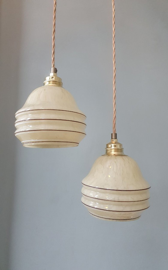 Image 1 of Set di 2 lampade a sospensione Art Déco vintage - vetro color ambra