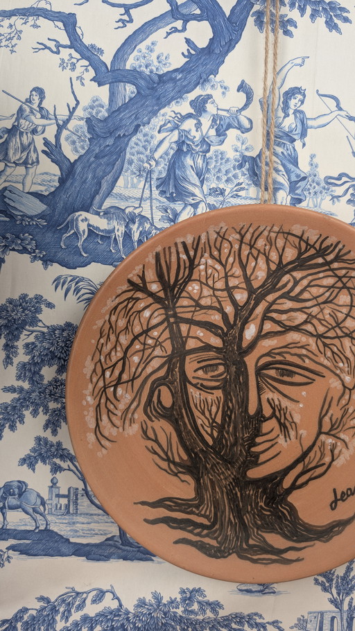 Plate Jean Marais En Terre Cuite Vintage Des Années 1970 Style Avant-Garde Surréaliste