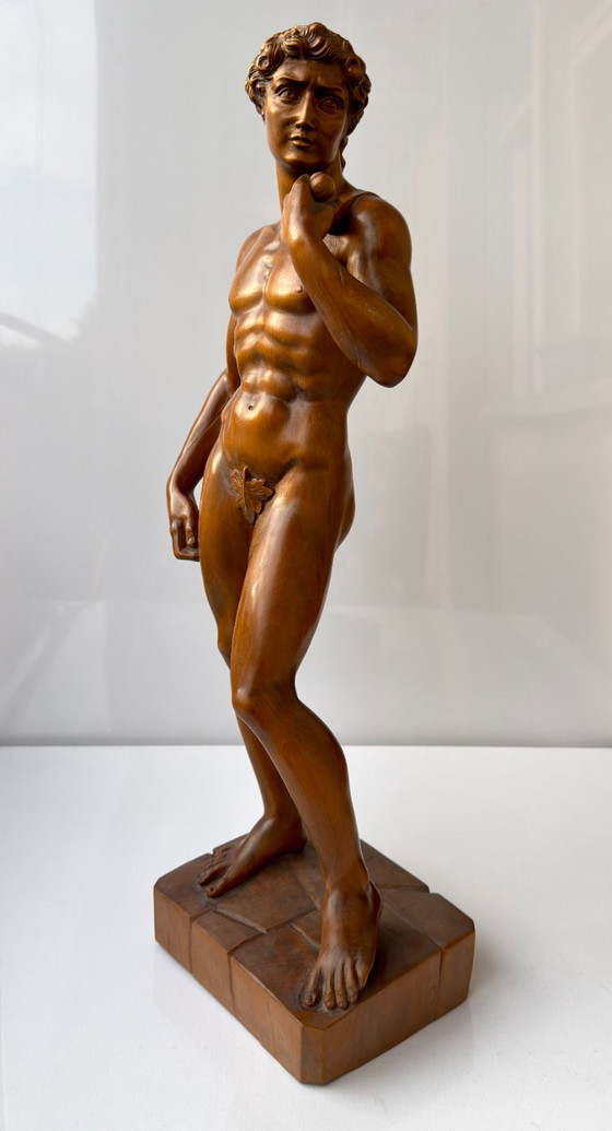 Michelangelo David Sculture in Legno Intagliate a Mano 65 cm Statua Vintage Foglia di Fico (photo 14 of 23)