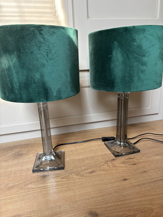 Image 1 of Set Of 2 Table Lamps With Smoked Glass Base And Green Velvet Shade