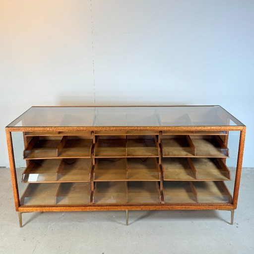 Vintage Eikenhouten Vitrine Toonbank Met 12 Lades