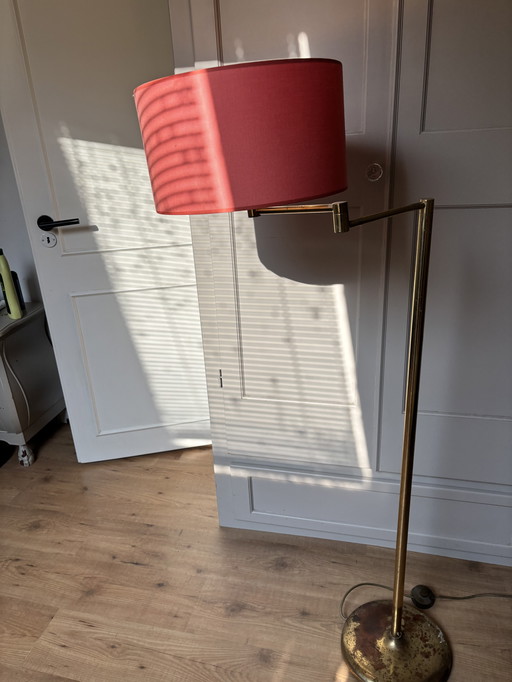 Adjustable Vintage Floor Lamp - Brass Look With Red Shade