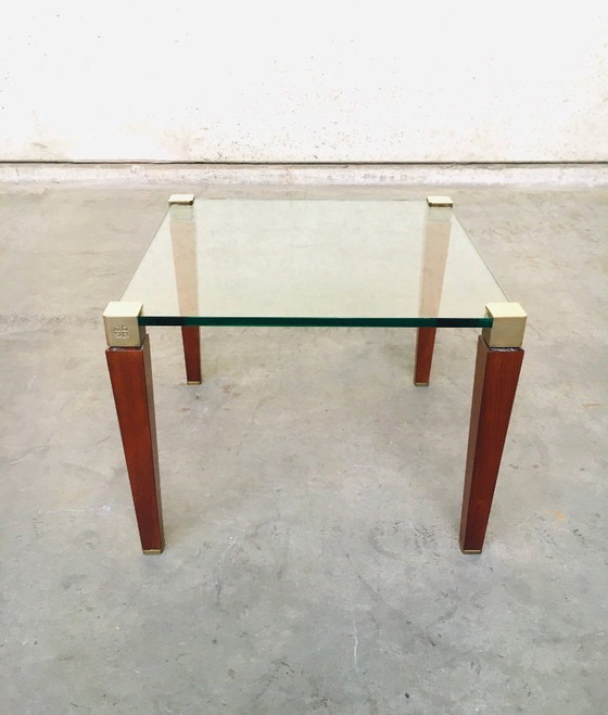 Image 1 of Tavolino laterale in ottone, legno e vetro dal design modernista di Peter Ghyczy, anni '80