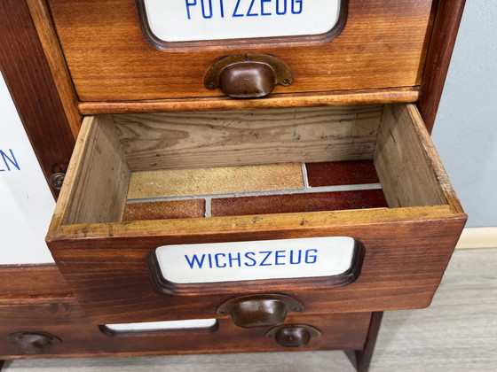 Image 1 of Antique kitchen cabinet with porcelain drawer plates | ca. 1900-1930