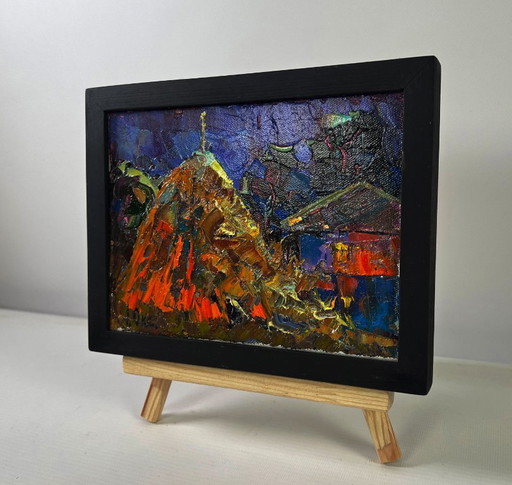 Original Oil Painting Night Village Landscape Stars twinkle in a calm sky