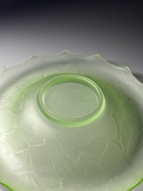 Image 1 of August Walther & Söhne “Arabella” Uranium Glass Centerpiece Bowl – Art Deco Fish Decor – 1930s Germany