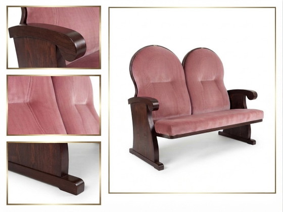 Vintage Pink Velvet Double Theater Bench, 1960 – Benches, Wood, Mid Century Modern (photo 3 of 4)