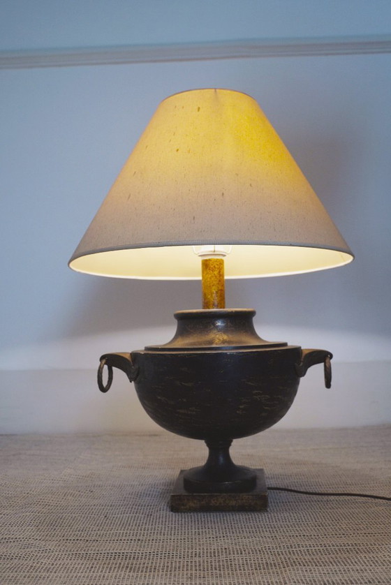 Image 1 of  Italian Neoclassical Amphora Table Lamp Black Patina Urn Base with Brass Handles Vintage Classical Lighting 