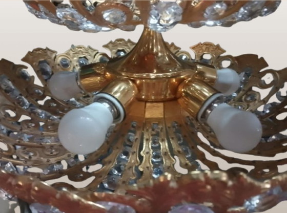 Image 1 of Lámpara de araña estilo Hollywood Regency en latón y cristal, diseñada por Peris Andreu en la década de 1970.