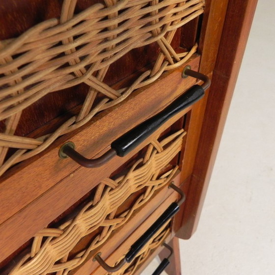 Image 1 of Mobiletto vintage, scrittoio in rattan e legno, anni '60