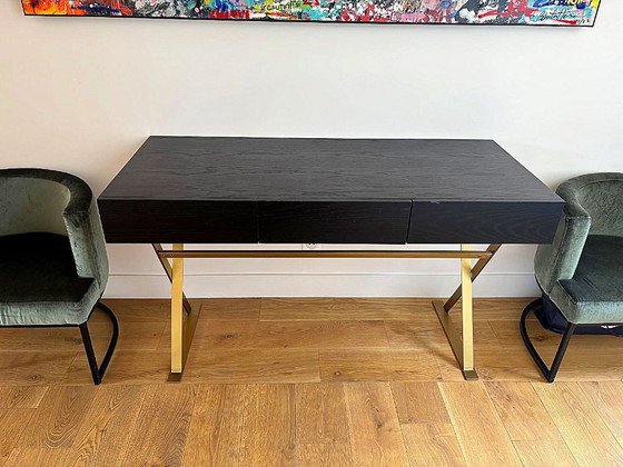 NV Gallery Console desk in black wood and brass, 3 drawers (photo 8 of 8)