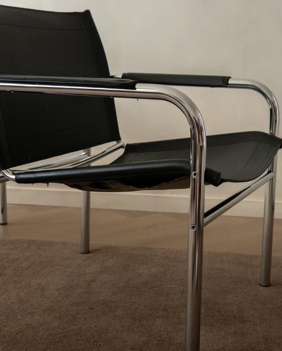 Image 1 of Vintage Bauhaus Klinte loungestoelen van chroom en zwart leer, ontworpen door Tord Björklund voor IKEA, jaren 80, set van 2.