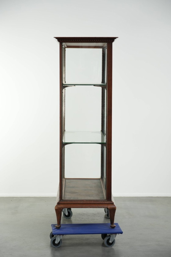 Image 1 of Large antique 19th-century English oak display cabinet/shop cabinet with multiple glass levels