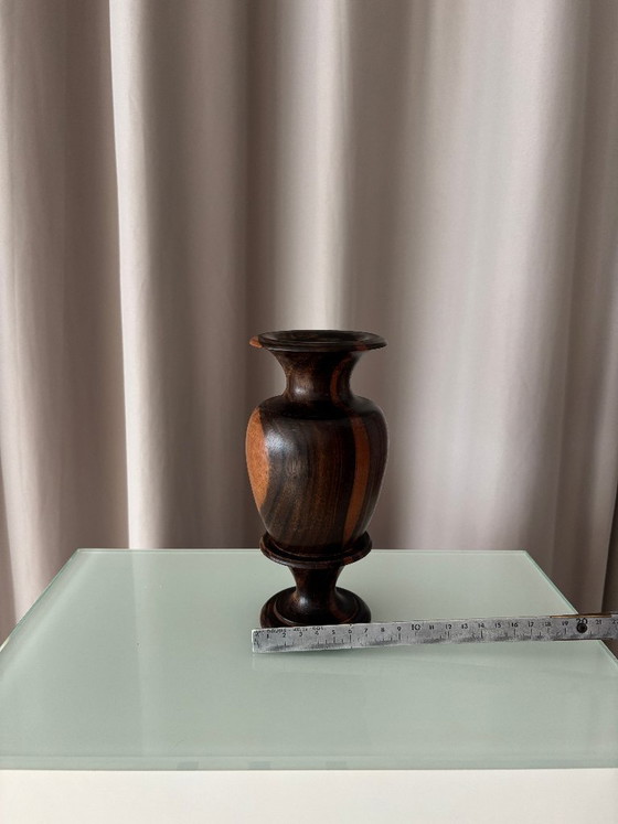 Vintage Sculptural Turned Wood Vase – Dark Hardwood – 20 cm – Artisan (photo 6 of 11)