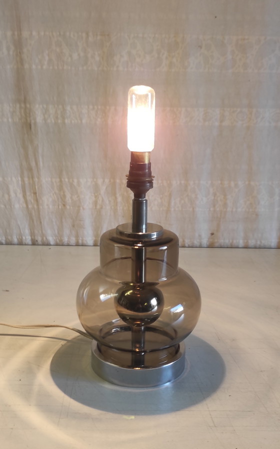 Image 1 of Space Age table lamp base in chromed metal and smoked glass - 1970s