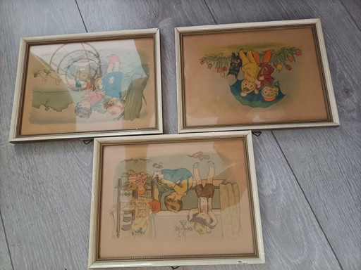 Set of 3 Vintage Children's Prints - 40s-50s - Charming Illustrations in Wooden Frames