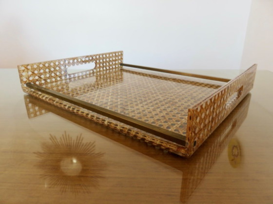 Image 1 of "CHRISTIAN DIOR" tray, France, circa 1970, plexiglass, lucite with caning inclusions