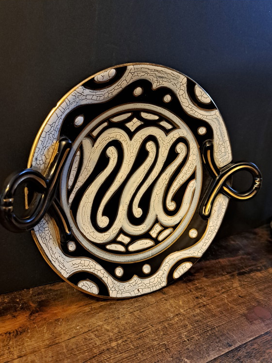 Image 1 of Vintage 1950's Ceramic Bowl with Handles south Dutch Gouda Hand Painted Black with Gold