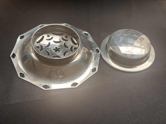 Image 1 of Plat à beurre Art déco en acier inoxydable : vaisselle française Coquillor