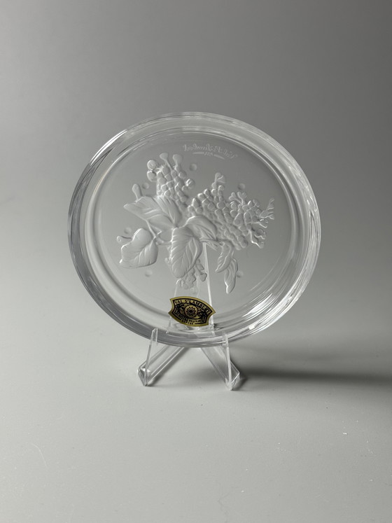 Image 1 of Coffret de 6 sous-verres en cristal Val Saint Lambert « Fleurs » – Motifs floraux – Style années 1950 – En boîte