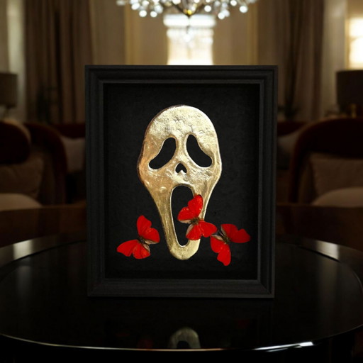 Real Butterflies on 23kt Gold Scream Mask Gilded in Frame Butterfly Artwork