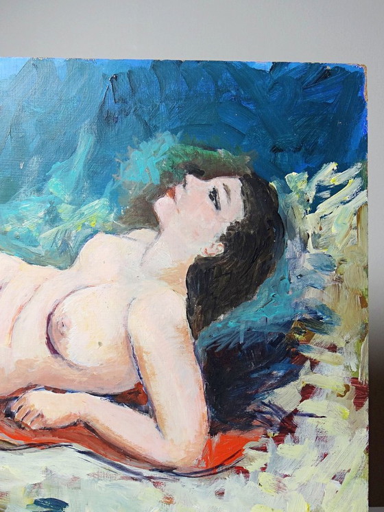 Image 1 of Small painting of a reclining nude woman, modern oil on vintage panel