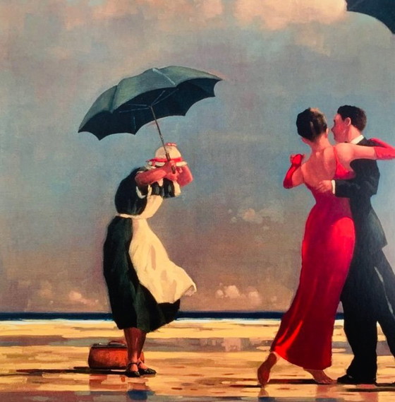 Image 1 of Jack Vettriano: "Il maggiordomo cantante". Con cornice in legno e vetro acrilico antiriflesso.