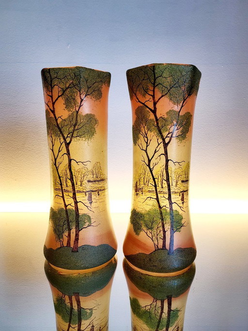 Art Nouveau vase, Théodore Legras, enameled glass vases, set