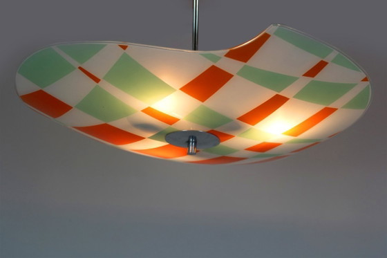 Image 1 of Tschechische Glas-Pendelleuchten aus der Mitte des 20. Jahrhunderts mit geometrischem und farbenfrohem Dekor, 1970er Jahre, 6er-