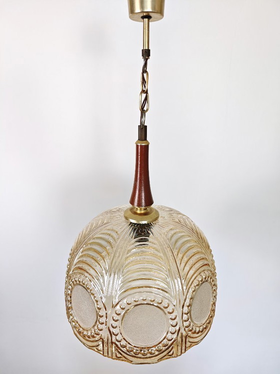 Image 1 of Vintage Amber Glass Pendant Light / 70s Mid Century Hanging Lamp / Retro Ceiling Light / Art Deco Style Glass Shade / Warm Ambie