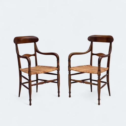 1970s, Italian design by Fratelli Levaggi, 2 armchairs, model "Campanino", cherry wood.