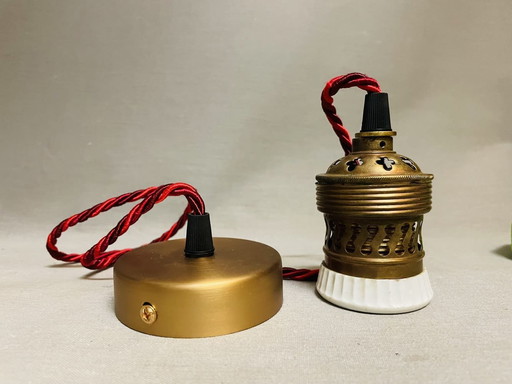 Antique brass and porcelain E40 Lamp Socket with Red Twisted Silk Electrical Cable, 1900s