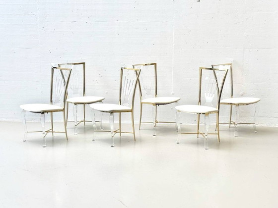 Image 1 of Set: 6 Stühle aus Acrylglas mit Messingdetails von Vereinigte Werkstätten, 1980er Jahre