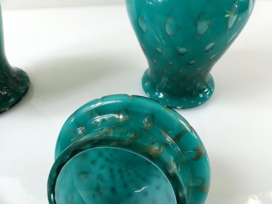 Pair of Covered Turquoise and Aventurine Glass Jars, Murano – 20th Century – Decorative Objects (photo 5 of 13)