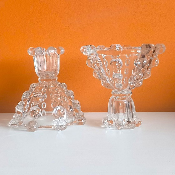 Image 1 of Vintage (1960-1970) Set van 2 Mid-Century glazen kandelaars – brutalistisch lensdesign – Tsjechisch persglas 