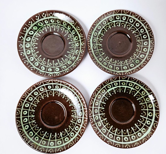 Image 1 of Mid-century set of 4 coffee cups with saucers | Amazing vintage hungarian espresso pottery | Unique hand-painted ceramic