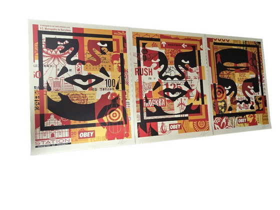 Image 1 of Shepard Fairey (Obey), "3-Face Collage". Triptiek van offsetlithografieën, gesigneerd en gedateerd, 2020