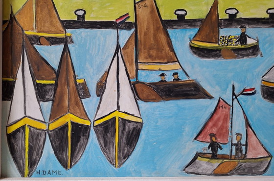 Image 1 of painting, sailboats, naive art, bright colors