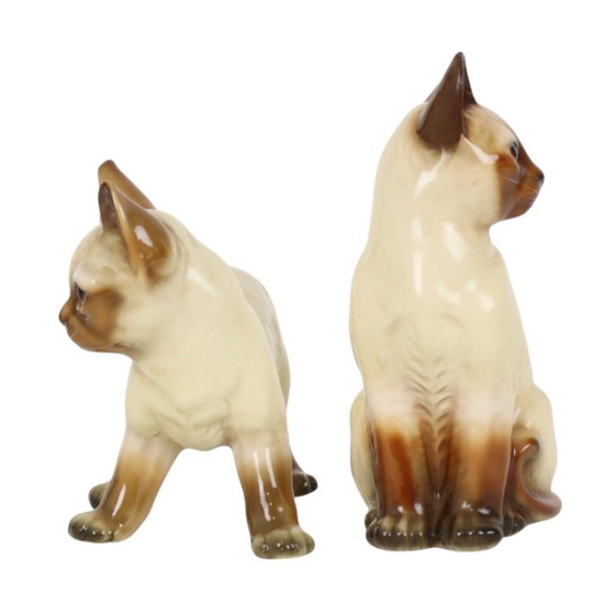 Koppel Beeldjes Siamese Kat Geglazuurd Keramiek Japan – Beeldhouwkunst, Ceramic (photo 7 of 13)