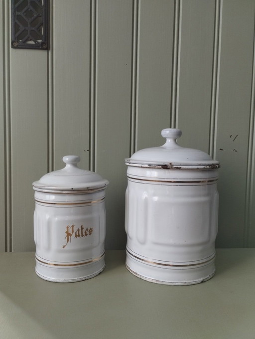 Antike Dosen aus weiß emailliertem Blech mit Kanneluren und Goldrand