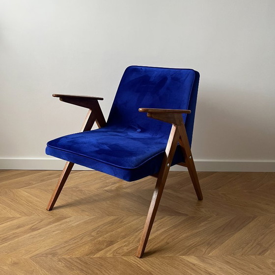 Image 1 of Mid Century Modern Blue Velvet Armchair Restored, Vintage Chierowski Lounge Chair, Polish Wooden Frame Accent Chair