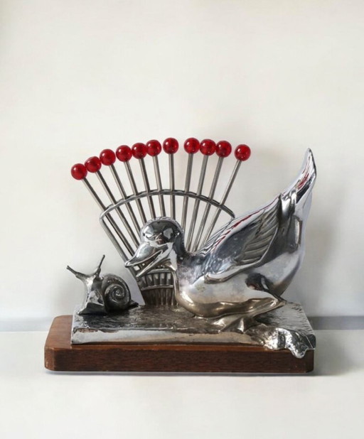 Original Benjamin Rabier Art Déco chrome on wooden plate cocktail / punch spoon set from the 1930s.