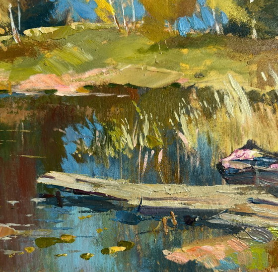 Image 1 of Original Oil Painting Autumn Forest Landscape Forest reflection in a pond