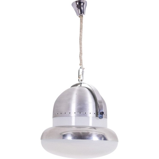 Vintage ronde hanglamp van geborsteld metaal en opaline glas, 1970