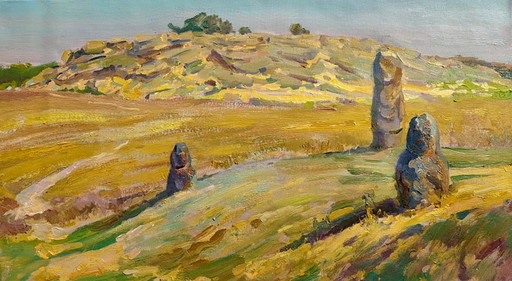 Original Oil Painting Symbolism Landscape Stone Grave