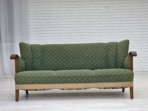 1950s, Danish 3-seater sofa, green/beige furniture wool fabric, oak wood.