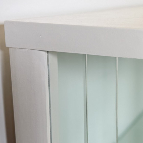 Image 1 of White vintage slatted display case on gold legs