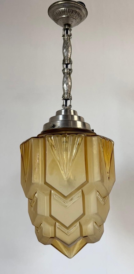 Impresionante lámpara colgante antigua de cristal amarillo dorado estilo rascacielos, década de 1930.