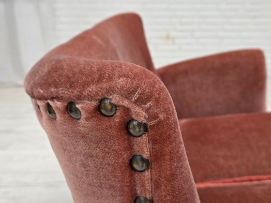 Image 1 of 1970s, Danish 2-seater sofa, original salmon pink furniture velour, beech wood.