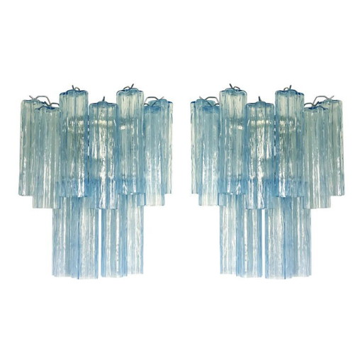 Applique da parete contemporanee in vetro di Murano azzurro "Tronchi" in stile Venini - una coppia